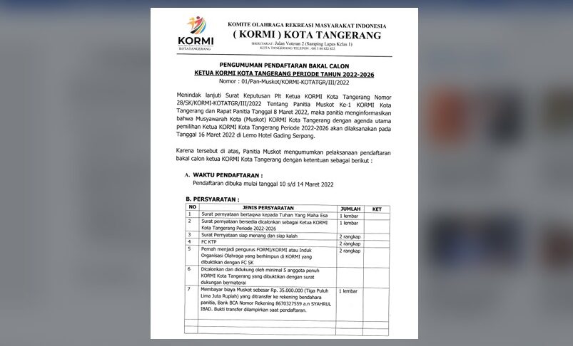 Pendaftaran Calon Ketua KORMI Kota Tangerang 2022-2024 Dibuka, Simak Syarat dan Cara Daftarnya