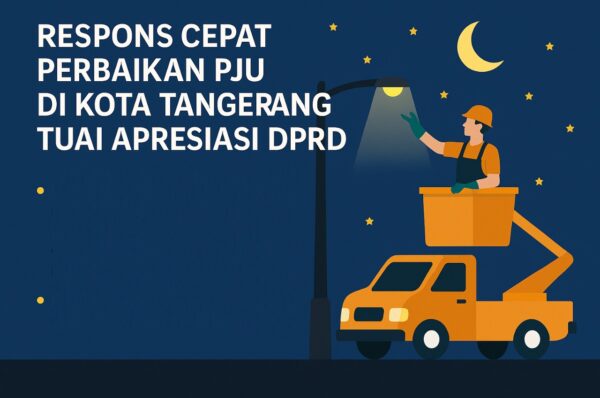 Ilustrasi petugas sedang memperbaiki lampu penerangan jalan umum di Kota Tangerang