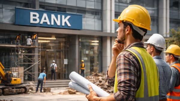 Ilustrasi pekerja bangunan di depan gedung perkantoran dalam pembahasan hukum bekerja di tempat ribawi