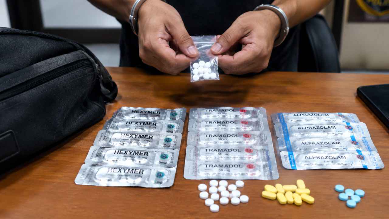 Polisi menunjukkan barang bukti obat keras daftar G hasil penangkapan pengedar di Pagedangan, Kabupaten Tangerang.
